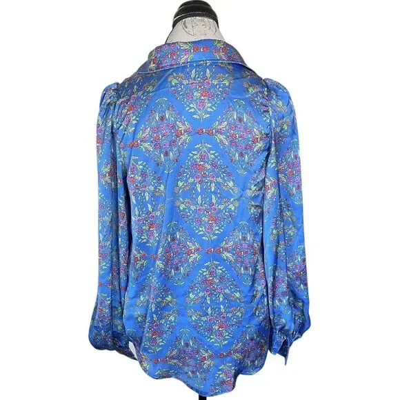 Olivaceous Womens Blouse Sz Small Satin Floral Button down Blue Spring Summer - Picture 4 of 16